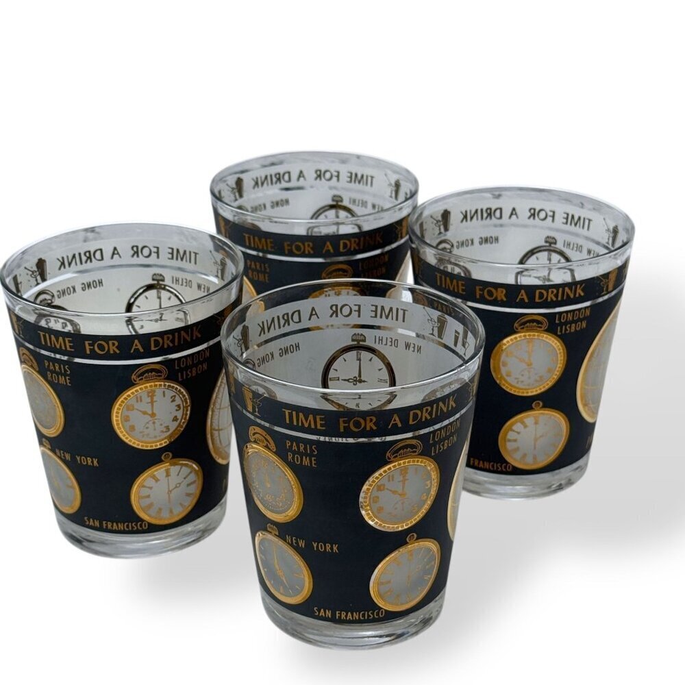 Set of 4 Mid-Century Modern "Time For A Drink" Double Old Fashioned Glasses Gold
